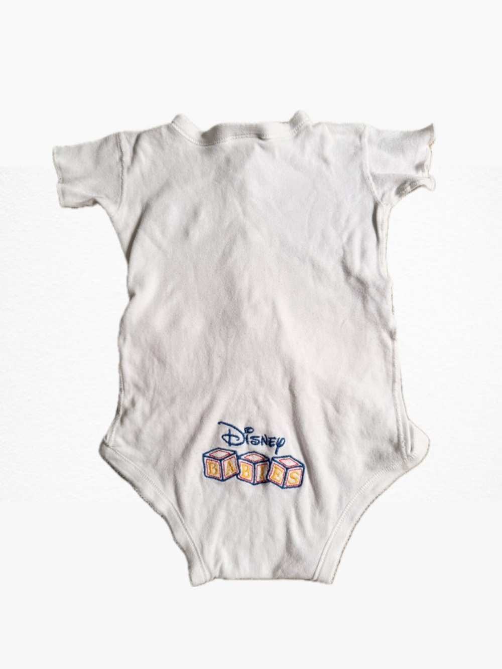 VINTAGE Disney White Baby Bodysuit with Multicolor Block Embroidery